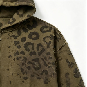 Men's Vintage Leopard Print <b>Zip</b> Up <b>Hoodie</b> Applique Letter Hooded Sweatshirt with Kangaroo <b>Pocket</b> - Product Image 2