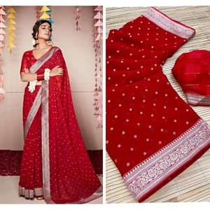 Designer Georgette Foil & Lace Border Work Saree with Unstitched <b>Blouse</b> <b>Red</b> - Product Image 1