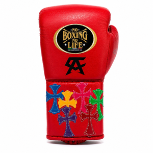 No Boxing No Life Gants de boxe en cuir rouge avec lacets au poignet et motif croisé coloré pour adultes - Product Image 6