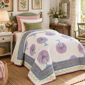 Edredón Tradicional Indio de Algodón con Patrón de Plantas, Acolchado, para Cama Individual, Reversible, 100% Algodón, Ecológico, con Estampado de Bloques, para Todas las Estaciones - Product Image 5