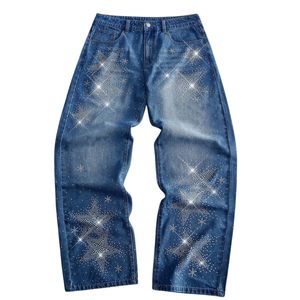 Vaqueros anchos Y2K personalizados para mujer con parches cruzados, apliques de diamantes de imitación brillantes, cintura alta, pantalones vaqueros holgados, estilo urbano, pantalones sueltos - Product Image 3