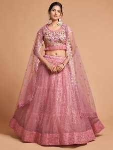 Pink Satin Maxi Net Evening Dress Set <b>Sequin</b> Embroidered A-Line Lehenga Blouse and Dupatta Wedding <b>Party</b> Outfit - Product Image 1