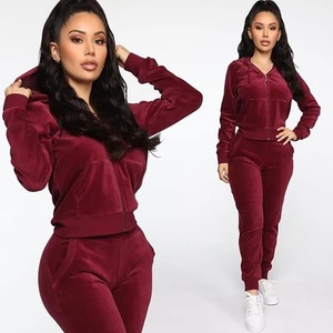 Traje de chándal largo de terciopelo grueso con capucha para mujer, diseño personalizado de fábrica, ajustado, para entrenamiento, otoño, maternidad, estampado - Product Image 2