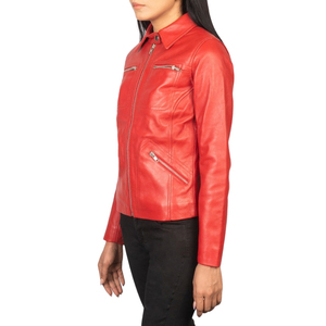 Chaqueta de moto roja para mujer, con cremallera, cuello vuelto, manga larga, abrigo corto de motociclista para otoño - Product Image 3