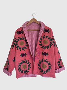 Veste rose brodée à la main à motifs floraux, col châle, manches longues, grande taille, en coton, style Prairie Chic, pour le printemps - Product Image 3