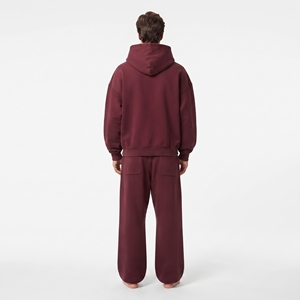 Men's Hooded Full <b>Zip</b> Kangaroo <b>Pocket</b> Tracksuit Maroon Color Cotton Fleece Oversized Fit Wide Leg <b>Jogger</b> Set - Product Image 4