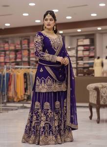 <b>Women's</b> Purple Embroidered <b>Kurta</b> Set With Gold Trim Floor-Length Traditional Indian Pakistani Wear All Seasons - Product Image 3