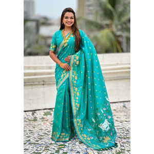 Sari en soie Pichwai tissé Zari bleu aqua Elite Weaves, élégant pour les soirées cocktails - Product Image 3