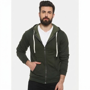 Custom Men's Olive Green Zip-Up Hoodie Regular Fit Cotton French Terry Casual Sweatshirt with Pocket and <b>White</b> Drawstrings - Product Image 1