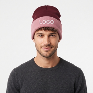 Bonnet d'hiver unisexe en tricot double couche bicolore rose et bordeaux, chaud, doux, avec broderie personnalisée, idéal pour l'extérieur - Product Image 1