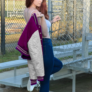 Womens <b>Varsity</b> Crop <b>Jacket</b> <b>Purple</b> Grey Letterman Style Bomber Coat Faux Leather Sleeves - Product Image 3