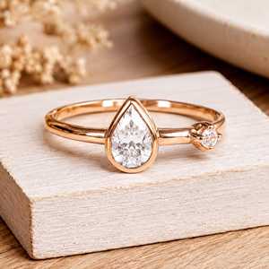 Full Bezel Set Pear And Round IGI Certified Timeless Elegant Design E Color 10k 14k 18k Solid Gold Engagement Ring For Her - Product Image 3