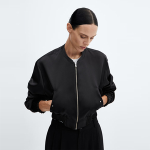 Excellent Quality Fashionable Ladies Cropped Satin Jacket Black Color <b>Slim</b> Fit Plain Blank Ladies Satin Varsity Jacket - Product Image 3