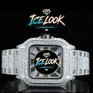 นาฬิกาข้อมือผู้ชายแบบ Iced Out Moissanite หน้าปัดสี่เหลี่ยม สายสแตนเลส สตีล ควอตซ์ กันน้ำ หรูหรา - Product Image 1