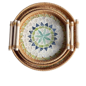 Bandeja de servir hecha a mano de nácar y ratán, forma hexagonal, para desayuno, café y té, a buen precio. - Product Image 3