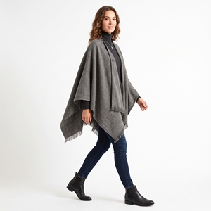 Women's Herringbone Trench <b>Poncho</b> Winter Cape Wrap Asymmetric Buckle Closure Four Seasons Outerwear - Product Image 2