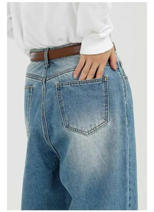 Pantalones vaqueros de hombre de pierna ancha, lavado a la piedra, cintura media, corte holgado, talla grande, casuales, de algodón, con cierre de botón, color liso, estilo tejido. - Product Image 6