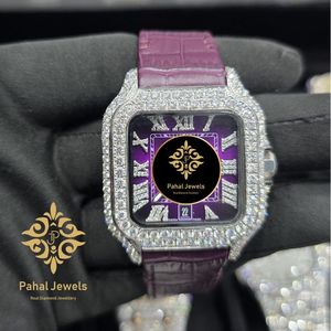 Montre mécanique à cadran violet, boîtier carré, lunette sertie de diamants, bracelet à motif crocodile, montre-bracelet à chiffres romains - Product Image 1