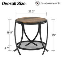 Table d'appoint ronde à 2 niveaux en bois d'acacia naturel avec cadre en métal noir et étagère en maille pour salon, chambre à coucher, meubles de maison