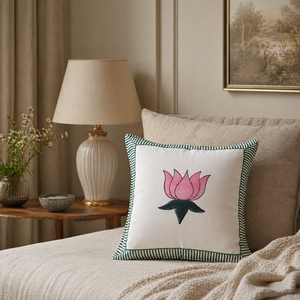 Elegant Lotus Flower Cushion <b>Cover</b> Hand Block Printed Cotton <b>Sofa</b> <b>Throw</b> Pillow <b>Cover</b> for Home Furnishing - Product Image 2
