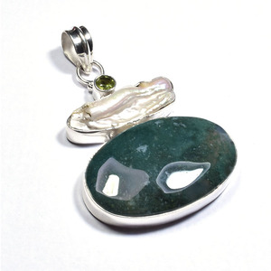 Colgante de ágata dendrítica natural en plata de ley 925 con engaste de tres piedras, hecho a mano en Jaipur, para uso diario, unisex. - Product Image 3