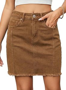 High Waisted <b>Brown</b> Denim Mini <b>Skirt</b> Solid Color Distressed Pockets Casual Women's <b>Pencil</b> Fit Summer Style - Product Image 2