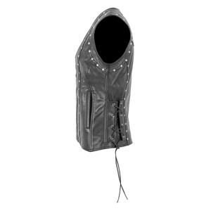Gilet en cuir pour homme très demandé, col en V, fermeture éclair, décoré de rivets, style motard, vêtement d'extérieur pour l'automne - Product Image 3
