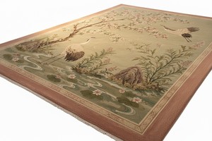 Alfombra de Lana Pura Anudada a Mano de Lujo, Diseño Tradicional Chinoiserie con Patrón de Grullas, Color Verde Salvia, Alfombra Oriental Floral Hecha a Mano Personalizada - Product Image 2