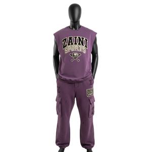 Ensemble sans manches pour homme en molleton de coton et polyester 320 GSM, couleur prune, pantalon cargo, impression sérigraphique, logo brodé, ensemble 2 pièces pour homme - Product Image 1