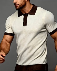 Chemise décontractée pour homme en viscose/coton tricoté blanc uni à manches courtes, respirante, séchage rapide, coupe classique avec col et poignets marron - Product Image 3