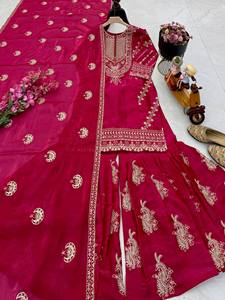 New Designer Party <b>Top</b> Palazzo Dupatta Set with satin work embossed designs - Product Image 5