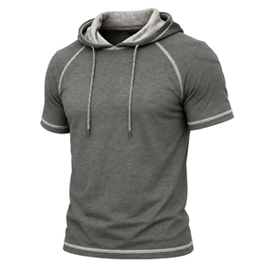 Sweat à capuche à manches courtes pour homme, en coton léger mélangé, basique, décontracté, sportif, pour la gym, vente en gros - Product Image 3