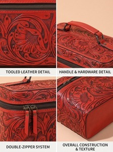 Vintage Lady Fashion Genuine Leather Embossed Jewelry Storage Makeup <b>Organizer</b> Travel <b>Cosmetic</b> Bag 7 Inch Polyester Lining - Product Image 4