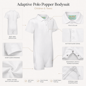 Adaptive Polo Popper Bodysuit | Special Kids Sensory Clothing Inclusive Wear Cotton Stretch Breathable Soft Unisex School - Product Image 3