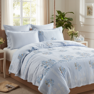 Hotel Home <b>Bedding</b> Set 300TC Single Pack of 2 Cotton Stripe Sheet Waterproof 250TC Embroidered Pattern 4pcs Sheet Set - Product Image 3