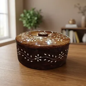 Handcrafted Rustic Wooden Spice <b>Box</b> <b>Floral</b> Inlay Lid Eco-Friendly Air Tight Food Storage Bohemian Design Kitchen Organizer - Product Image 2