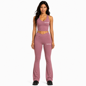 Conjunto Deportivo de Dos Piezas para Mujer: Top Corto con Cuello en V y Leggings Acampanados con Cintura Cruzada, Ropa Deportiva, Traje de Yoga, Conjunto de Fitness - Product Image 1