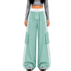 Pantalones Cargo de Pierna Ancha Verde Menta Personalizados para Mujer, Cintura Alta, Cordón Ajustable, Franja Lateral, Corte Holgado, Estilo Urbano - Product Image 1