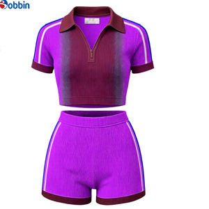 <b>Top</b> Trending Hot Selling Hip Hop Women's Sporty 2 Pcs Set Gradient Color Rib Knit Crop <b>Top</b> With Shorts Short Sleeve Summer Wear - Product Image 5