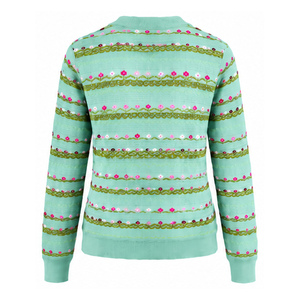 Cárdigan de punto floral de algodón suave con cuello redondo para mujer, suéteres de manga larga con botones frontales y estampado menta, venta al por mayor a granel - Product Image 2