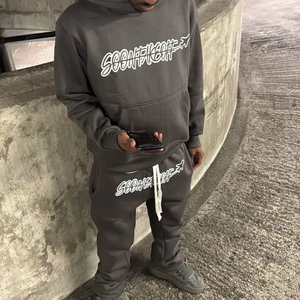 High Quality Sweatsuit For Men Screenprint Logo Pullover Drop Shoulder Hoodie With <b>Cuffed</b> Adjustable Drawstring <b>Jogger</b> - Product Image 1