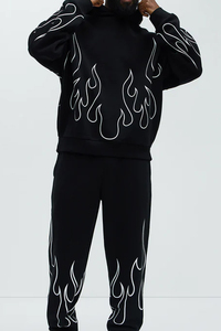 Sweat-shirt à capuche noir pour homme avec imprimé flamme blanche, coupe oversize, streetwear, coton, molleton français, pull-over, coupe classique, vêtements d'automne - Product Image 4
