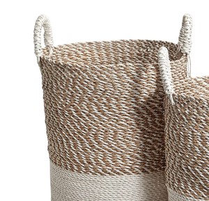 Eco Friendly Hand Woven Seagrass <b>Basket</b> Set Featuring <b>White</b> and Natural Pattern Storage <b>Laundry</b> Hamper Container Bin - Product Image 5