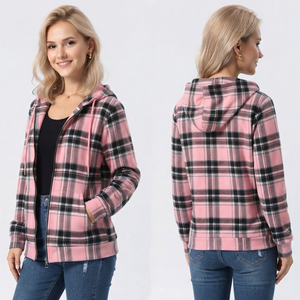 Veste à capuche en flanelle à carreaux pour femme, 100 % coton, décontractée, pour l'automne, avec fermeture éclair, coupe régulière, manches longues, sweats à capuche à carreaux pour homme - Product Image 1