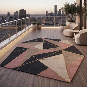 Alfombra de Lana Rectangular Geométrica en Color Negro, Taupe y Rosa Pálido, con Patrón de Polígono Facetado y Detalles en Línea Dorada, Ecológica, Antideslizante, Hecha a Mano - Product Image 3