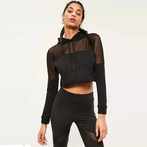Women's Custom Pullover Mesh <b>Patchwork</b> Lined Winter Crop <b>Top</b> Hoodie New Plus Size Hip Hop Style with Hooded Collar - Product Image 3