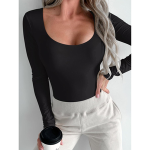 2026 New Arrival <b>Women's</b> <b>Black</b> <b>Long</b> <b>Sleeve</b> Bodysuit Scoop Neck Stretch Skinny Solid Casual <b>Top</b> Square Neck Comfortable OEM ODM - Product Image 4