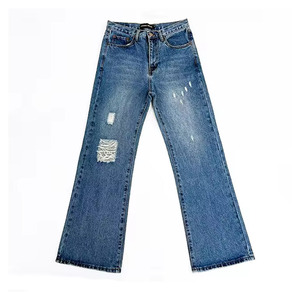 Men's Trendy Loose Fit Straight Leg Ripped Jeans Comfortable Size <b>Light</b> Wash Blue Denim <b>Trousers</b> for Casual & Streetwear - Product Image 1