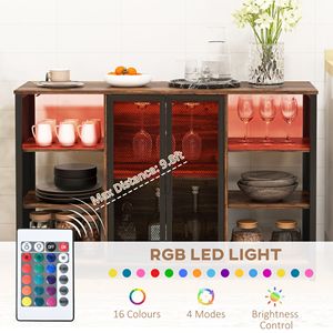 Mobile Bar Rustico Marrone con Luci LED, Stazione di Ricarica, Portabicchieri e Ripiani Aperti - Product Image 4
