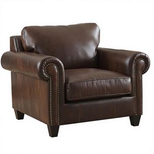 Classic Brown Leather Armchair with Rolled Arms and Nailhead Trim Vintage Style Accent <b>Chair</b> for Living Room Office Hotel Lobby - Product Image 1